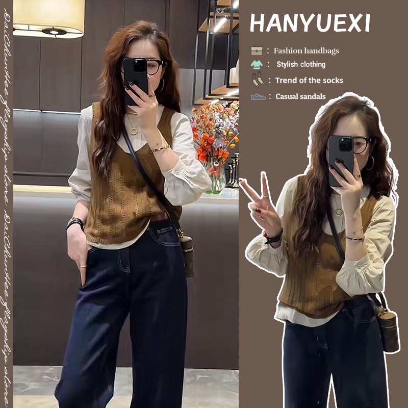 早秋时尚穿搭一整套女2024新款百搭衬衫无袖背心马甲牛仔裤三件套