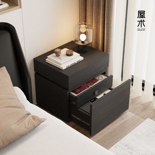 酷米实木床头柜意式极简卧室带暗格抽屉储物柜指纹锁款床边柜
