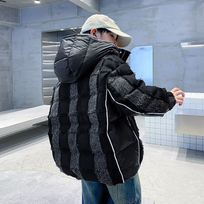 男童冬季90白鸭绒拼接流苏格羽绒服2025新款中大儿童装加厚外套潮