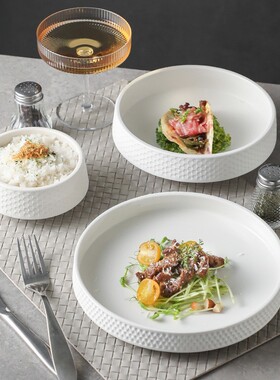 一亨简约轻奢沙拉碗西小蛮腰锤目汤碗面碗家用餐具纯色陶瓷西餐盘