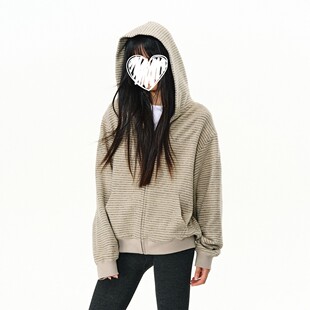 番茄妹妹Tomatosister条纹连帽拉链外套小众休闲宽松美式开衫卫衣