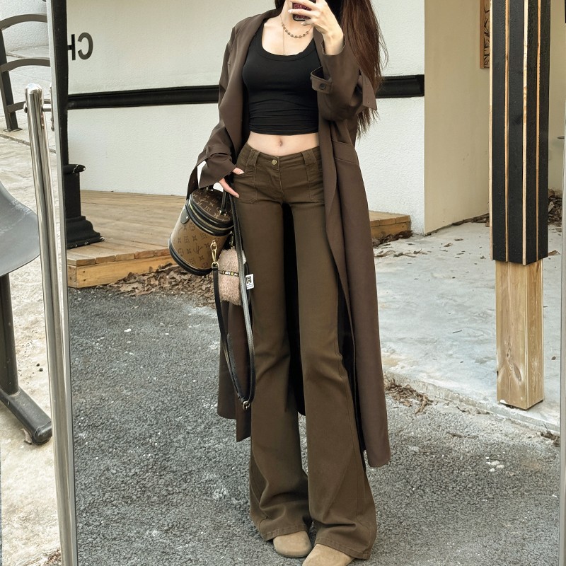 咖色中腰微喇叭辣妹牛仔裤女2025夏季薄款显瘦修身设计感爆款百搭