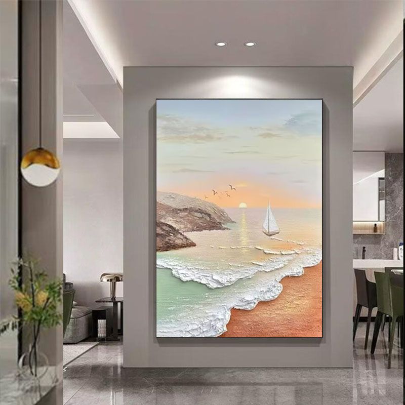 手工油画一帆风顺客厅沙发墙装饰画砂岩肌理立体餐厅壁画海景日出图片