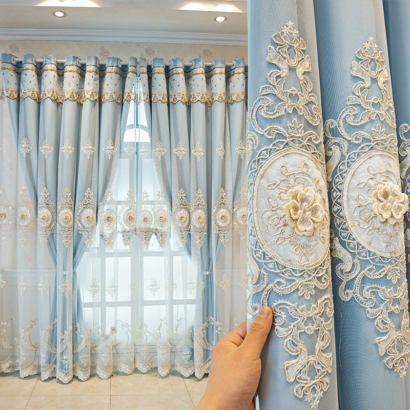 高端欧式遮光法式双层窗帘布纱一体客厅卧室浮雕绣花压花窗帘