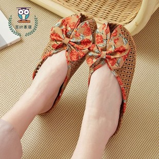 藤草编织亚麻厚底女韩版 夏季 蝴蝶结包头凉席竹编厚底情侣 双色