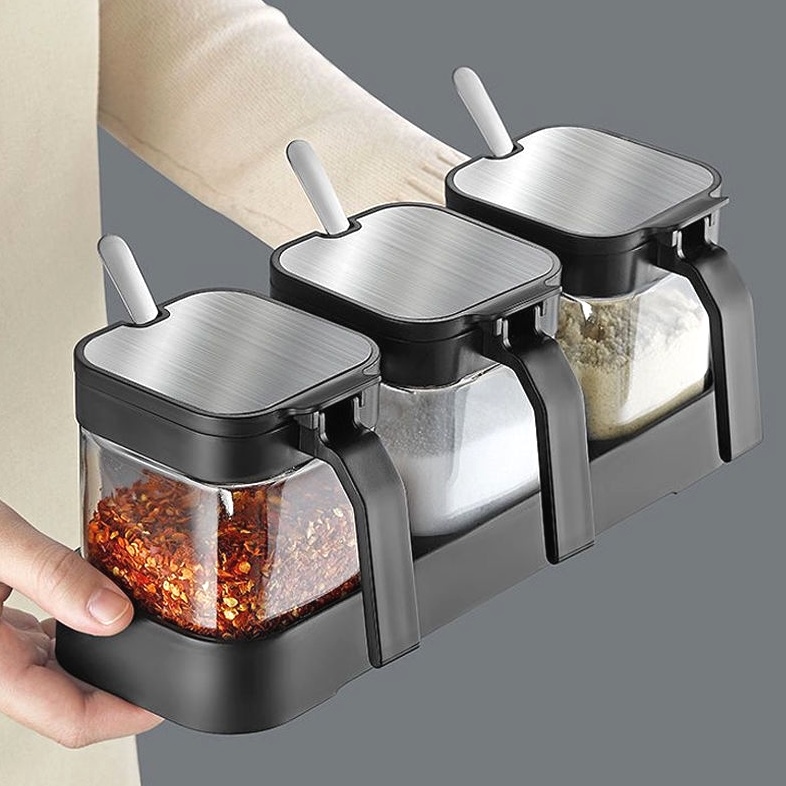 304不锈钢套装调味大容量厨房家用玻璃调味瓶盐罐收纳调料组合