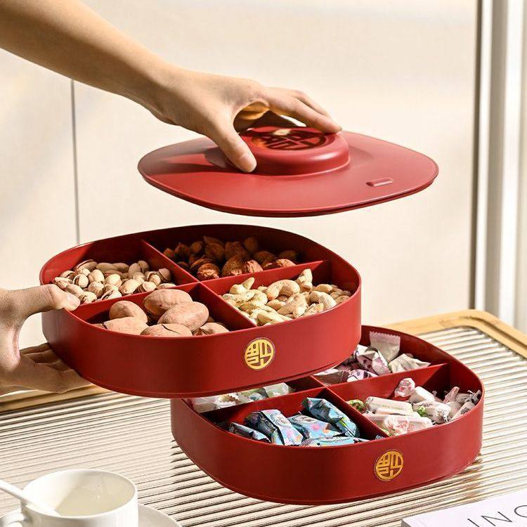 水果盘结婚专用新年双层糖果盘婚庆红色喜盘家用盘子客厅用品喜庆