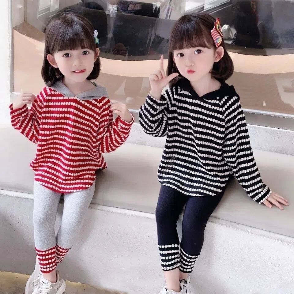 女童春秋装套装2025年新款条纹卫衣打底裤纯棉春秋儿童衣服两件套