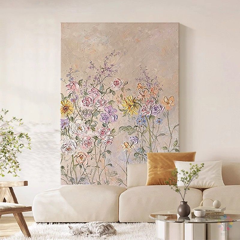 奶油风纯手绘油画抽象花卉客厅装饰画玄关主卧床头丙烯肌理感挂画图片