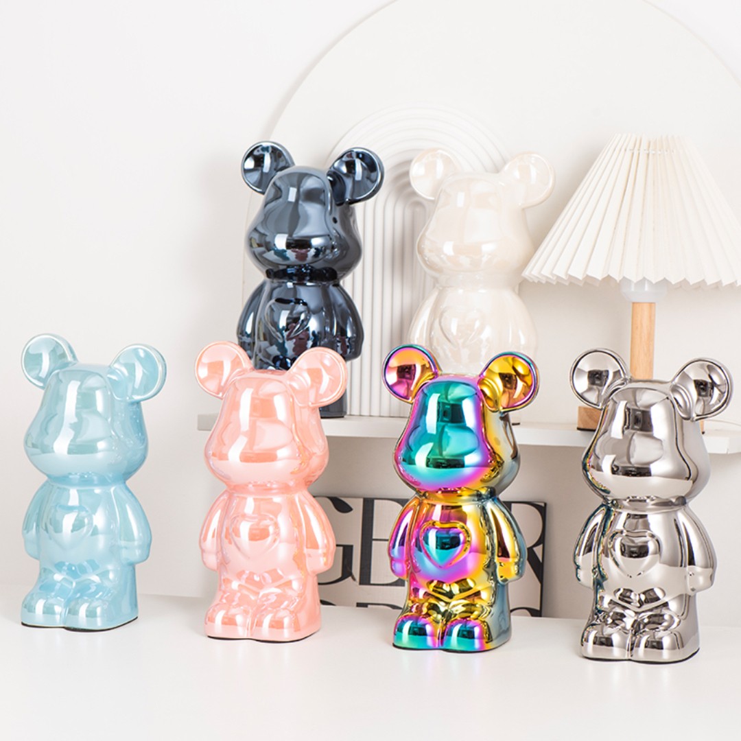 28CM轻奢爱心熊电镀陶瓷爱心熊摆件存钱罐客厅酒柜高档简约装饰品