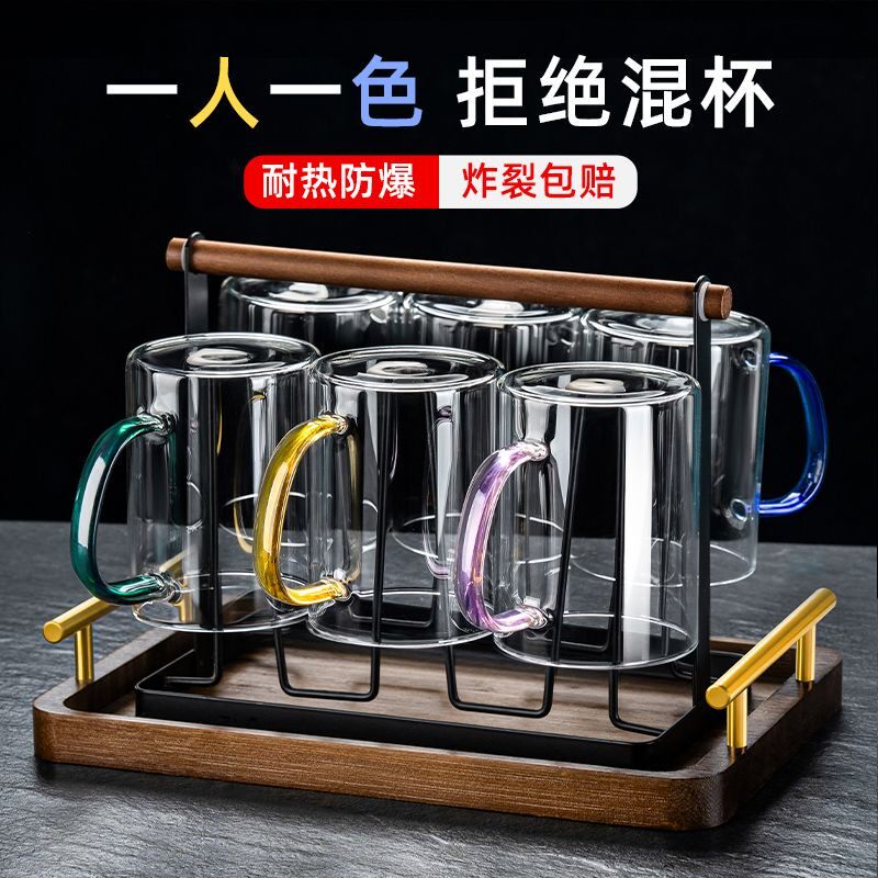 玻璃茶杯6只装客人杯泡绿茶专用杯子家用喝水一家人区分水杯带把