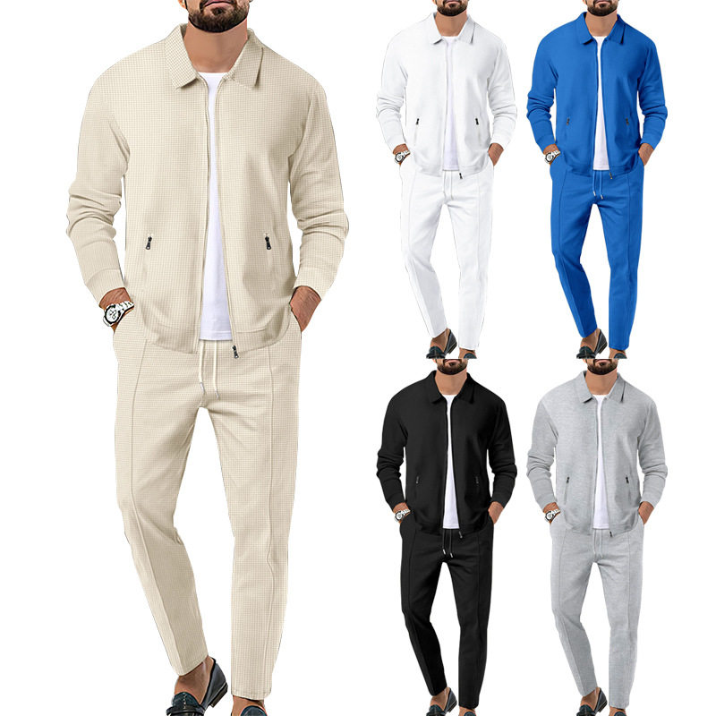 外套秋季青年华夫格拉链口袋翻领修身开衫男士夹克套装Men's suit