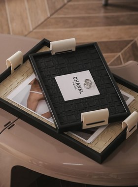 轻奢首饰玄关收纳盘子中古高档黑色皮革香薰托盘法式饰品摆件样板