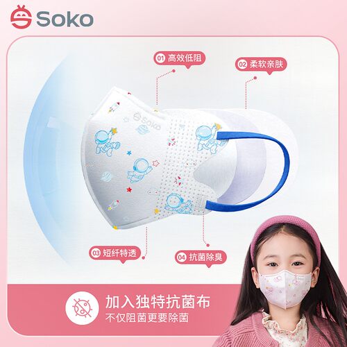 SOKO儿童防护口罩抗菌99%四层立体一次性4-12岁宝宝学生卡通