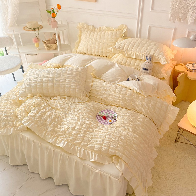 韩式网红泡泡纱床裙款四件套公主风少女心柔软学生被套床单被罩