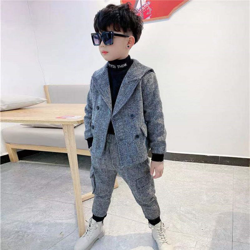 男童2024冬季新款西服套装男孩加厚加绒毛呢外套儿童礼服婚礼套装