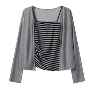 羊城故事-灰色条纹修身吊带通勤开衫套装新款轻薄出游服装女1701