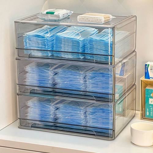 桌面收纳盒家用药品口罩多层透明置物架医药箱抽屉式文件药物