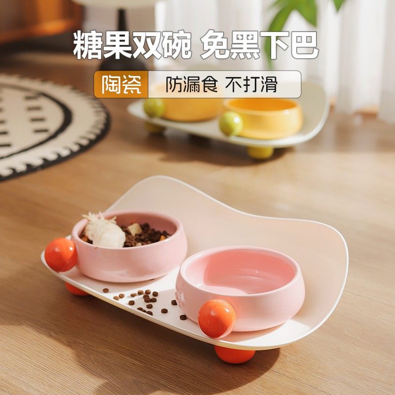 糖豆陶瓷双碗宠物碗创意大口径猫碗狗碗防打翻设计宠物食具水碗