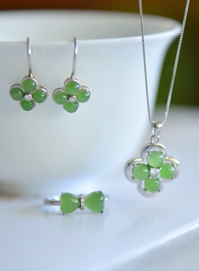 925银和田玉碧玉四叶草三件套20456百搭气质款复古轻奢民族风国风