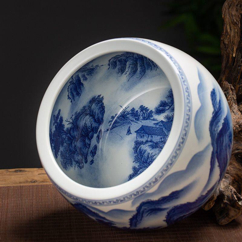 景德镇陶瓷器手绘青花瓷聚宝盆客厅玄关桌面中式装饰摆件招财鱼缸