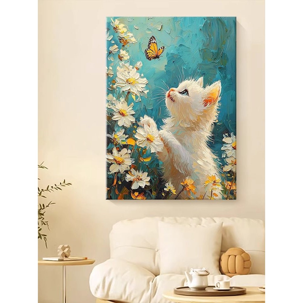 可爱小猫咪平面喷绘油画奶油风客厅装饰画小清新治愈风景玄关挂画图片