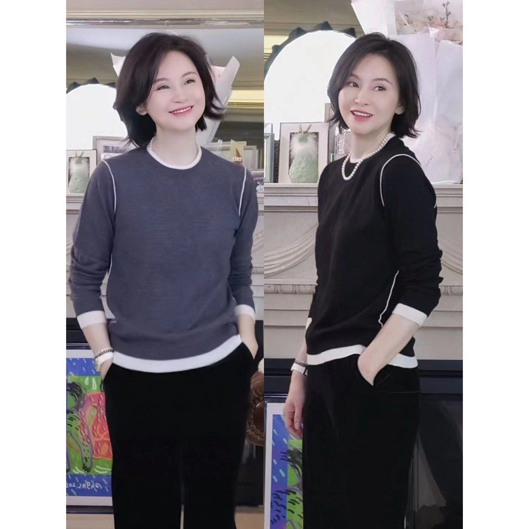 RuienCo.爱在哈佛 14G100绵羊毛双层罗纹假两件早春长袖针织衫