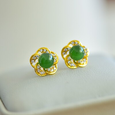 s925银镶和田玉碧玉6厘花瓣耳钉12444-2百搭气质款复古轻奢民族风