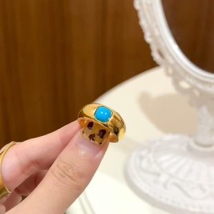气质小众设计百搭新款 欧美风复古星芒绿松石戒指女轻奢时尚 潮指环