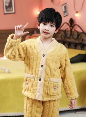 儿童冬季男童法兰绒加厚睡衣中大女童小男孩秋天珊瑚绒家居服套装