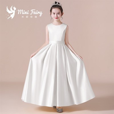 2022女童高端管乐团音乐会儿童礼服演出服白色缎布小提琴演奏礼服