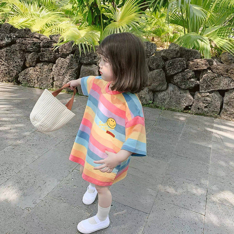 女童彩虹条纹T恤裙2023夏装新款宝宝卡通洋气连衣裙中小童短袖裙3,童装/婴儿装/亲子装,连衣裙,淘宝优惠券,粉丝福利购,淘宝优惠卷