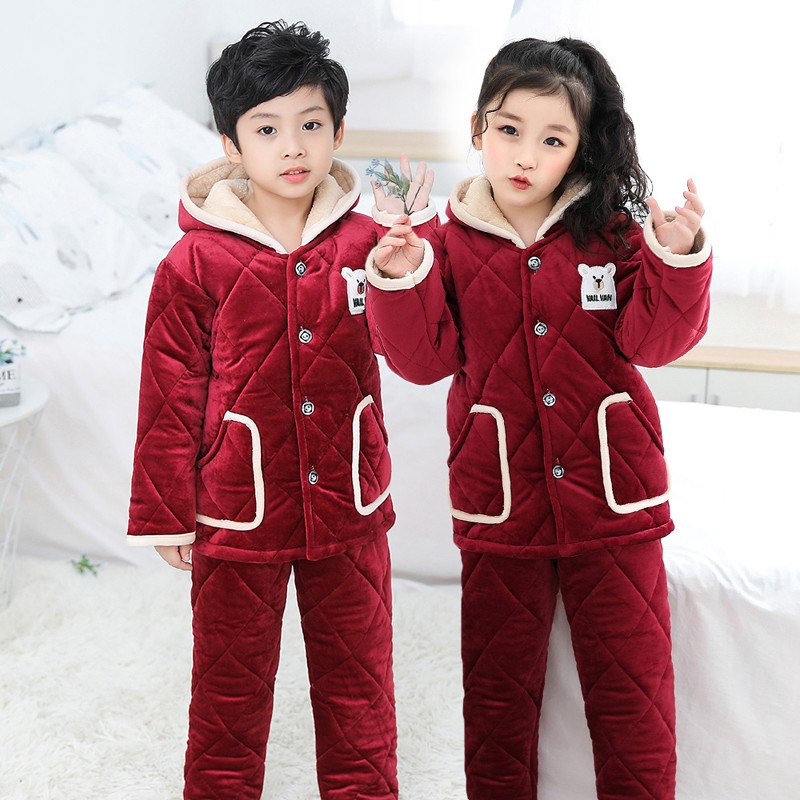 儿童睡衣冬季三层夹棉加厚款男女孩中大童珊瑚绒棉服法兰绒家居服