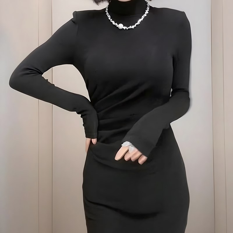 早秋加绒加厚连衣裙早秋女打底内搭修身黑色针织打底裙配大衣长裙