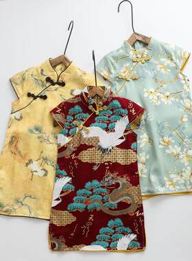 女童旗袍2024夏季新款复古仙鹤短袖连衣裙子周岁儿童演出礼服唐装