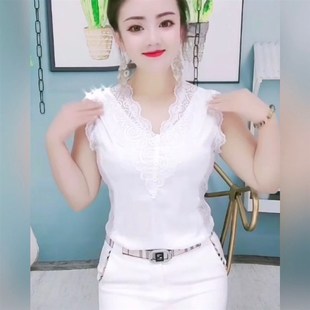 牛奶丝拼接蕾丝V领砍袖打底衫女夏T修身显瘦性感百搭洋气无袖背心