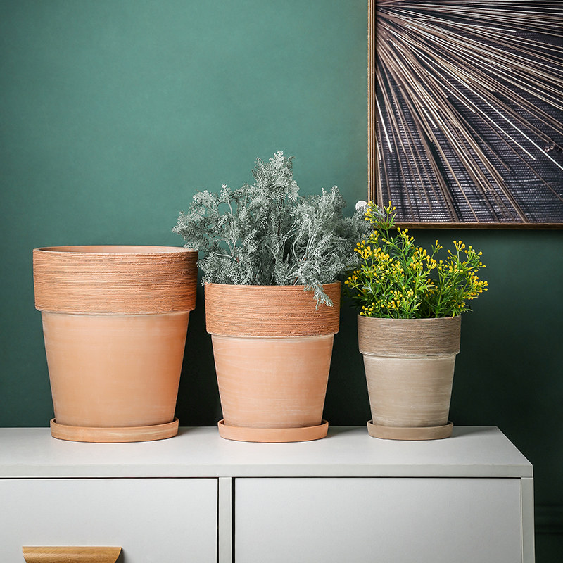 手工拉丝直边红陶花盆透气吸水摩卡粗砂陶土大号绿植月季盆带托盘,鲜花速递/花卉仿真/绿植园艺,花盆,淘宝优惠券,粉丝福利购,淘宝优惠卷