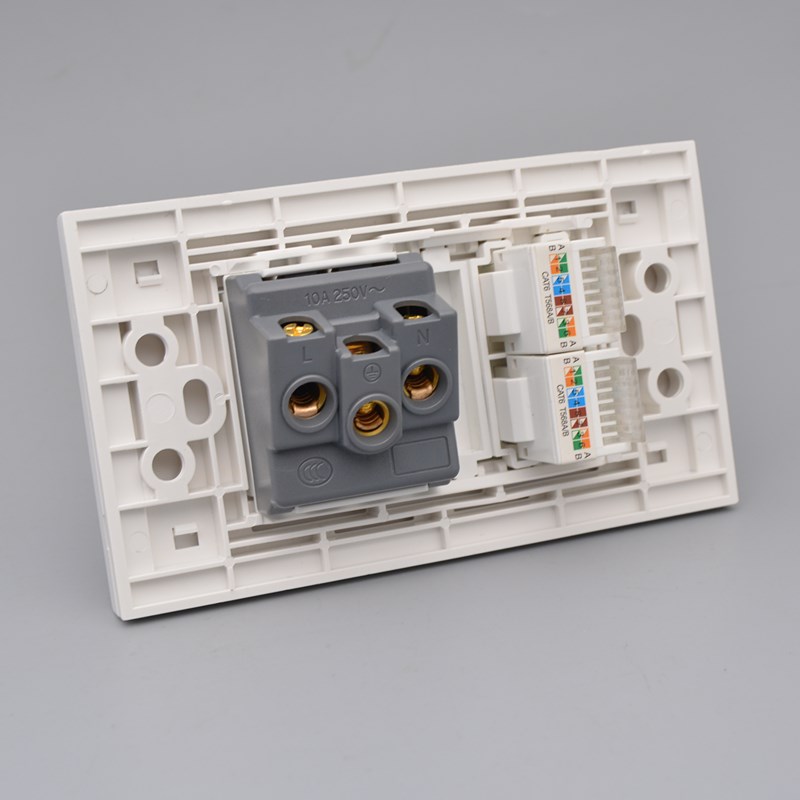 118型二位双口六类电脑5孔电源面板五孔带二位6类千兆网线口插座