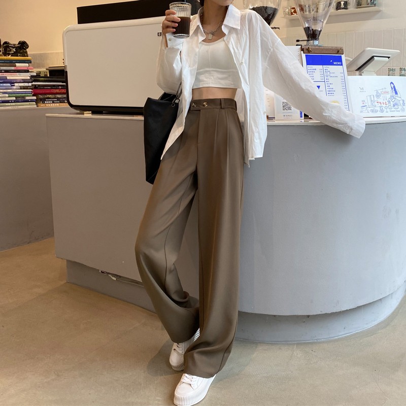 咖色西装阔腿裤女春秋新款高腰棕色垂感宽松拖地裤休闲直筒长裤子