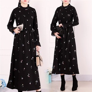 连衣裙女秋冬加绒碎花法式打底裙子微胖独特富家千金感长裙高个子