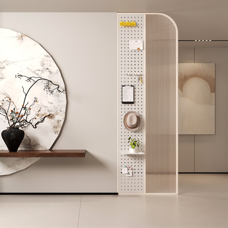 奶油洞洞板屏风玻璃隔断玄关置物架艺术屏风隔断