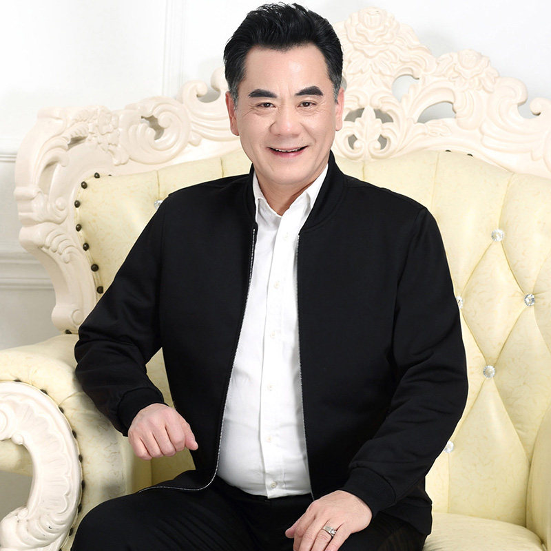 高档男装21秋季中年男酒红色外套中老年本命年红色夹克老人爸爸装