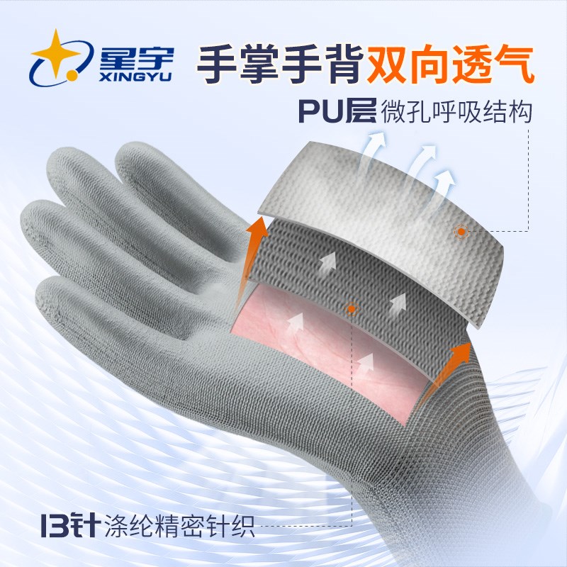 星宇劳保手套涂掌PU518防静电薄款带胶透气涂胶劳动干活工作夏季