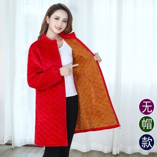 秋冬加绒夹棉厚罩衣中长款立领无帽收腰棉衣外套厨房居家工作服女