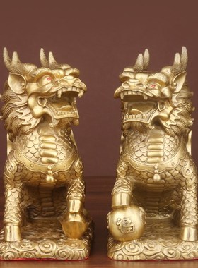 铜麒麟摆件一对纯铜麒麟踩八卦家居客厅办公室门口店铺装饰工艺品
