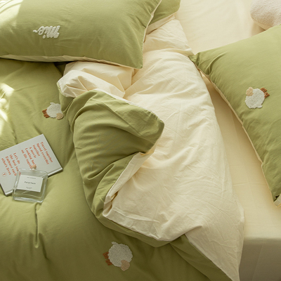 小绵羊毛巾绣全棉水洗棉四件套绿色小清新被套床单少女心床品