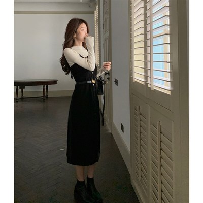 佐佐家小个子复古灯芯绒背带连衣裙女秋冬季直筒开叉内搭中长裙子