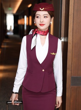 职业装短款v领马甲外套女空姐气质马夹工装西装套装KTY服务员制服
