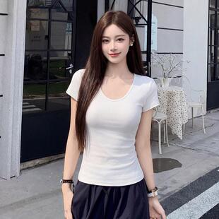 基础款U领短袖t恤女款修身气百搭正肩收腰短打衫底正质肩白色上衣