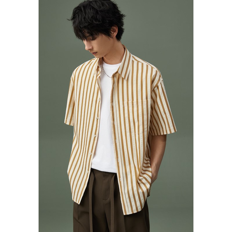 w2x夏季泡泡纱条纹短袖衬衫男时尚设计感休闲衬衣高级感百搭寸衣